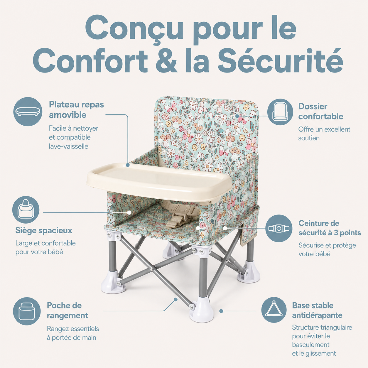 CHAISE BÉBÉ MOTIF FLORAL PASTEL